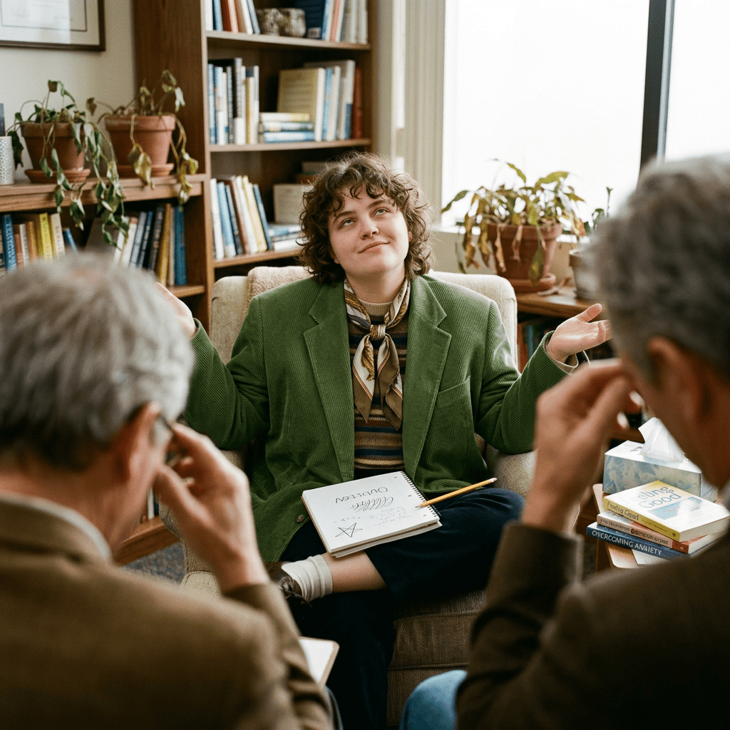 Young woman in green jacket talking during therapy session with two therapists