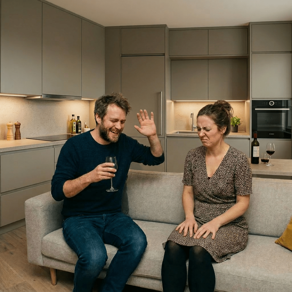 Couple laughing and dining with wine and candles in a cozy living room