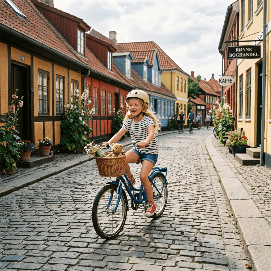 Child riding a blue bicycle on a cobblestone street with colorful houses