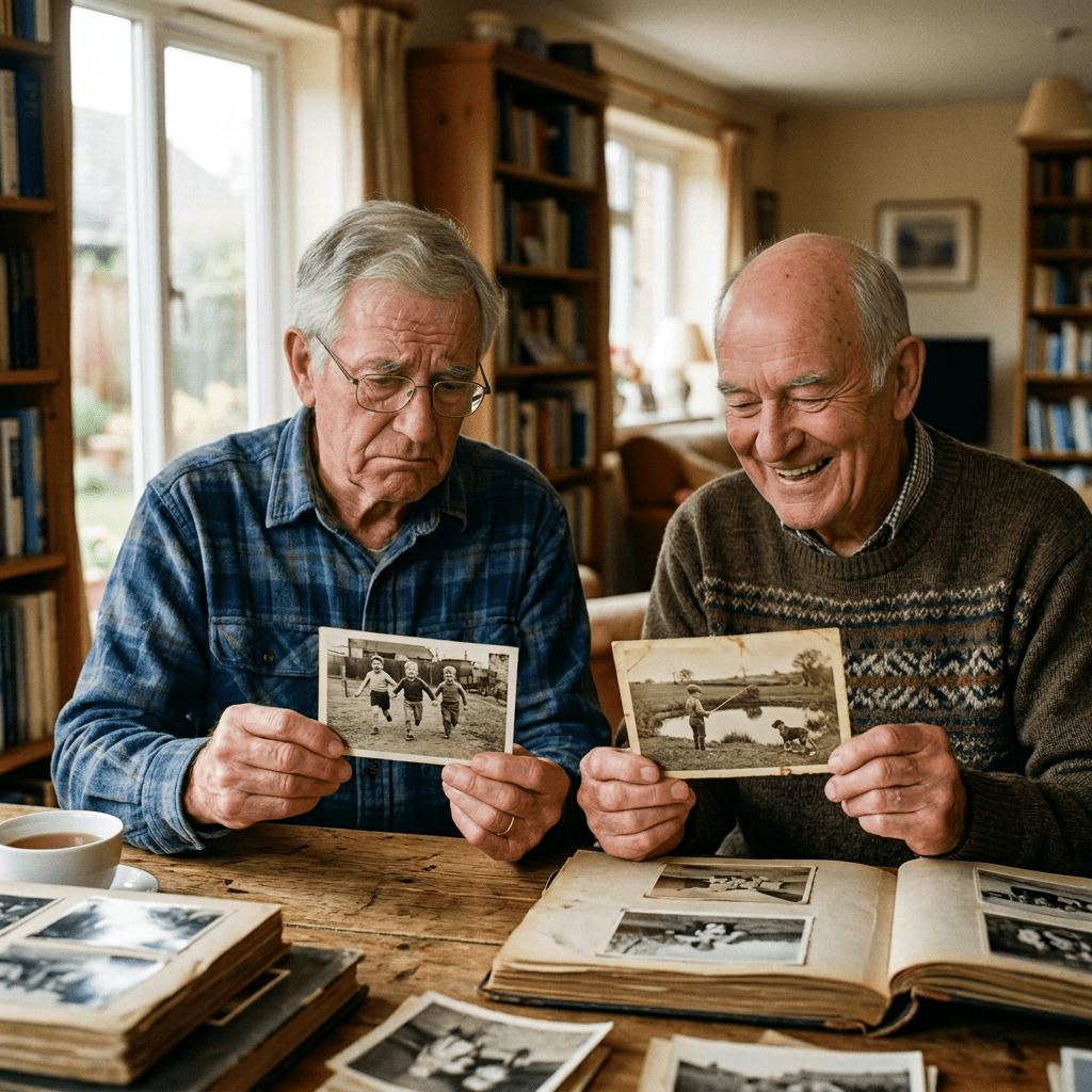 Two elderly men looking at and holding vintage black-and-white photographs while sitting at a wooden table with photo albums.