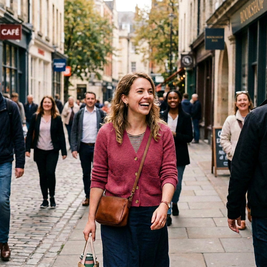 Smiling woman in mustard cardigan walking on a cobblestone street with people in background