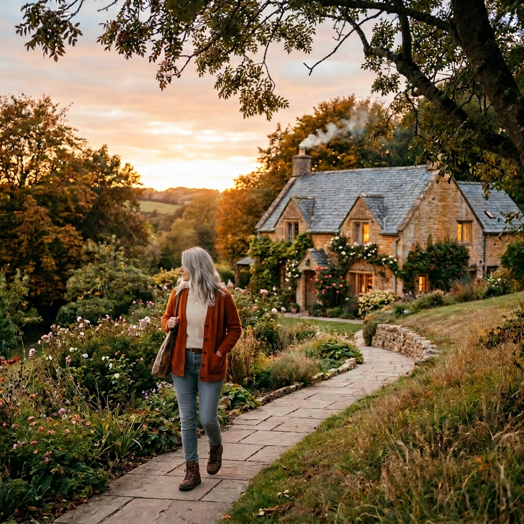 Autumn walk near cozy countryside cottage Woman walking on garden path near stone cottage with lit windows and smoke chimney